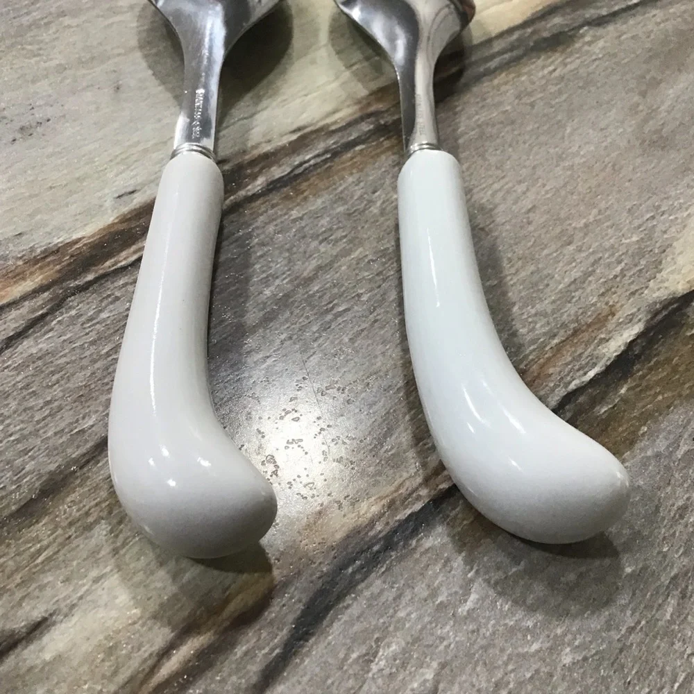 Vintage Salad Serving Set Blue Floral Porcelain Handle Spoon & Fork 8.5” Elegant